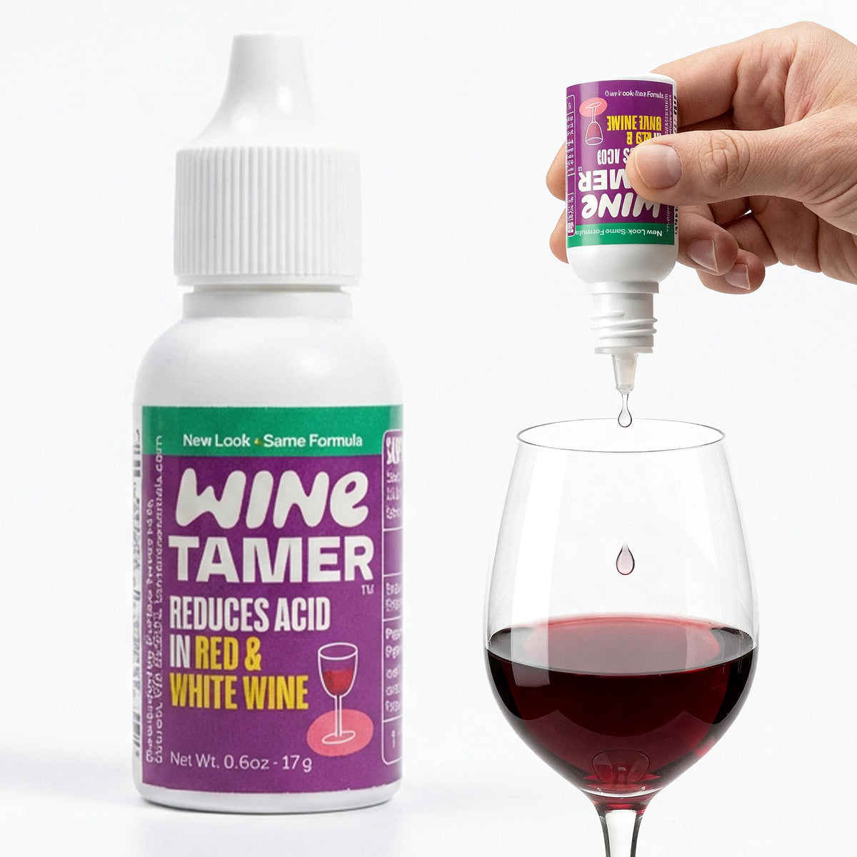CalciBlend Wine Tamer bottle front showing natural acidity reducer for wines to preserve aroma.