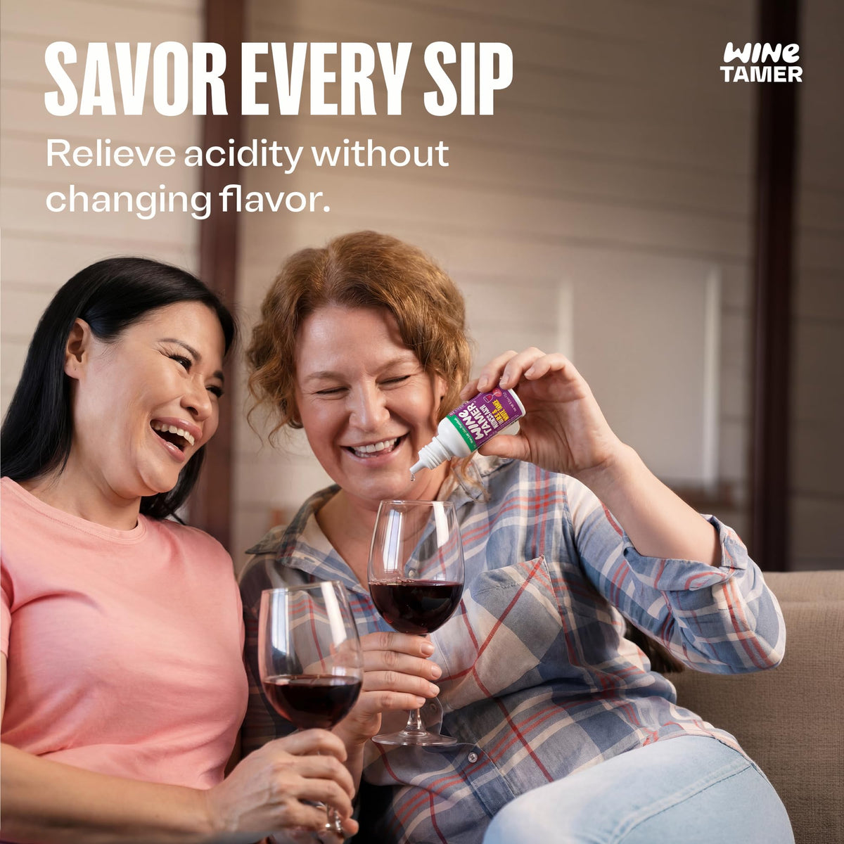 Droppers dispensing CalciBlend Wine Tamer into a glass for precise, odorless dosing.
