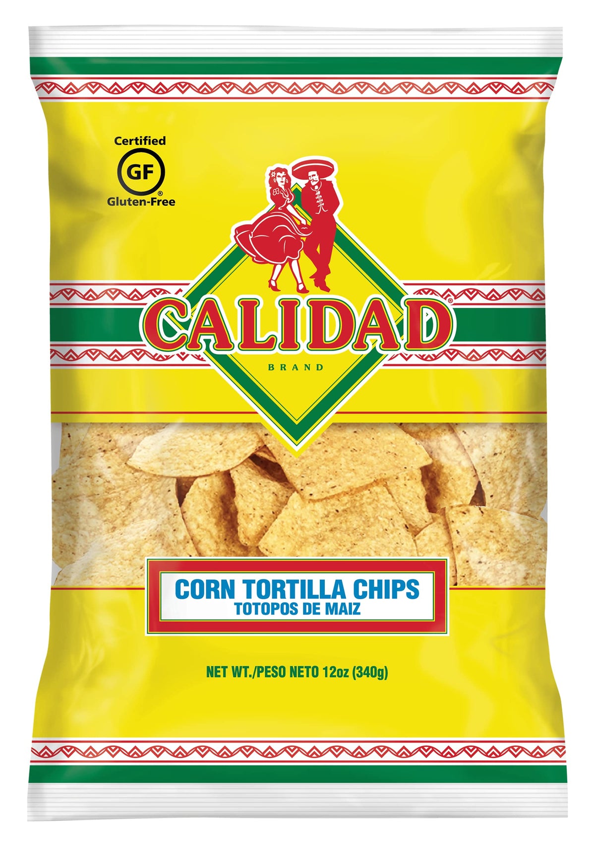 Calidad yellow corn tortilla chips in bag, ready for dipping salsa and guacamole