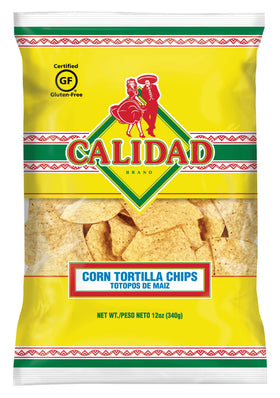 Calidad yellow corn tortilla chips in bag, ready for dipping salsa and guacamole