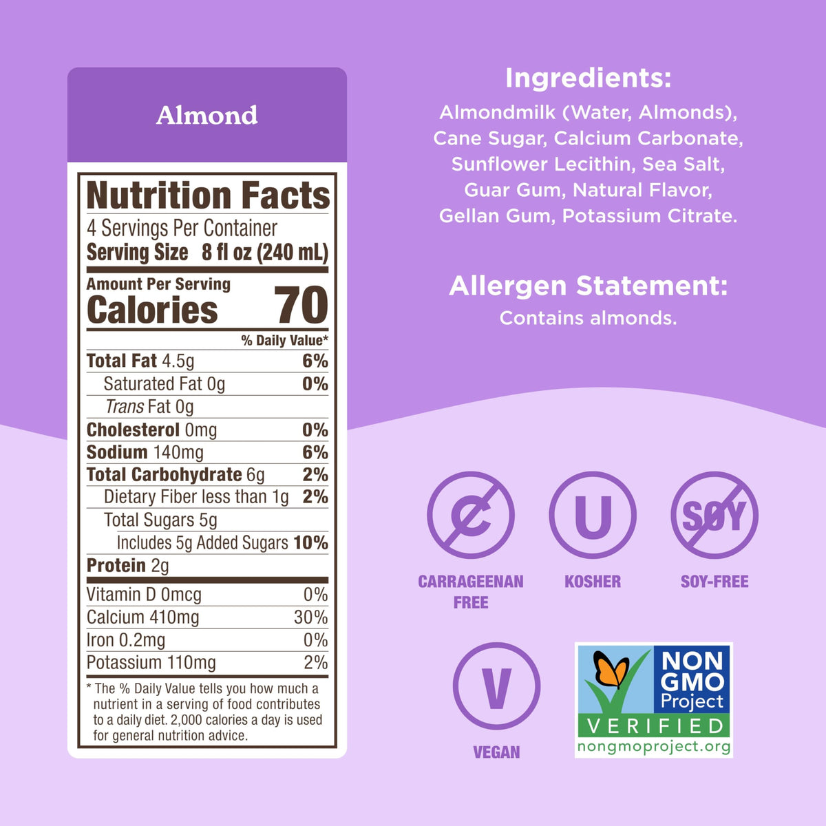 Califia Farms Almond Barista Blend label highlights non-GMO vegan attributes.