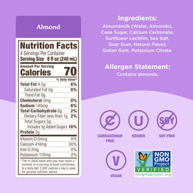 Califia Farms Almond Barista Blend label highlights non-GMO vegan attributes.
