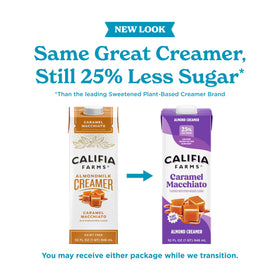 Califia Farms almondmilk creamer pour highlights smooth blending in coffee