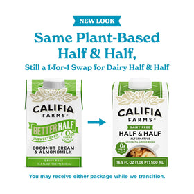 Califia Farms Better Half label close-up, non-GMO vegan ingredients