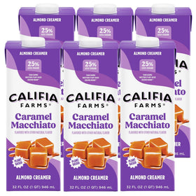 Califia Farms caramel macchiato almondmilk creamer bottle shows a creamy, dairy-free start
