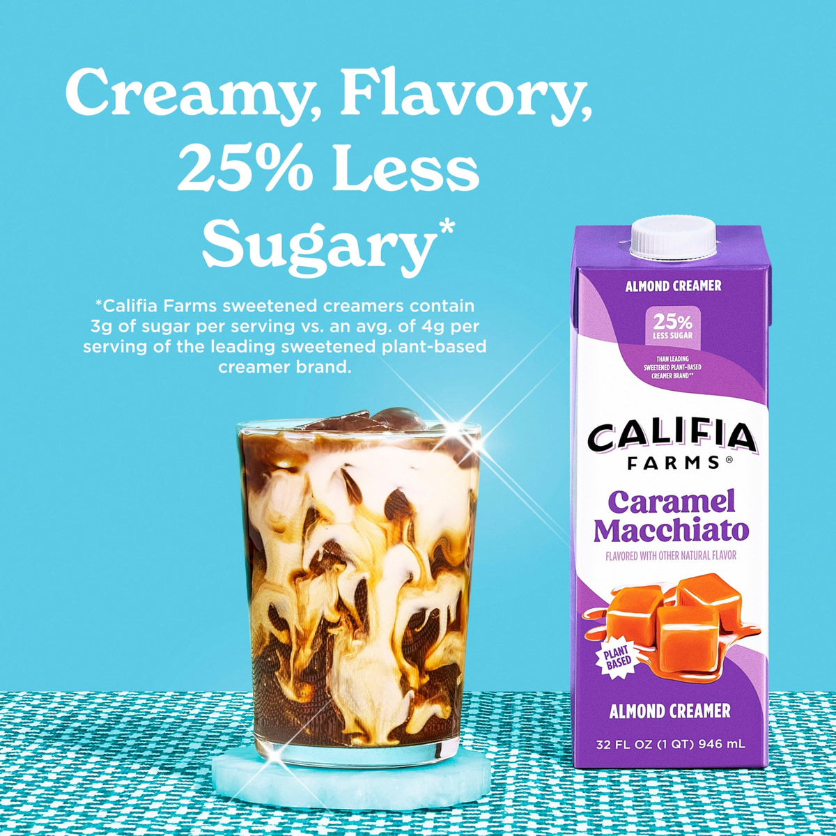Califia Farms caramel macchiato coffee creamer mug with rich aroma in cup