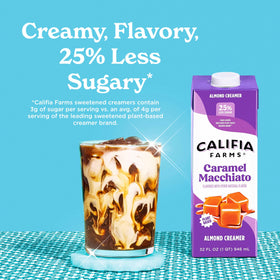 Califia Farms caramel macchiato coffee creamer mug with rich aroma in cup
