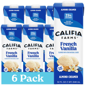 Califia Farms French Vanilla Almond Milk Coffee Creamer bottle on kitchen counter, dairy-free indulgence.