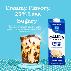 Steaming mug with Califia Farms creamer blending smoothly into hot coffee.