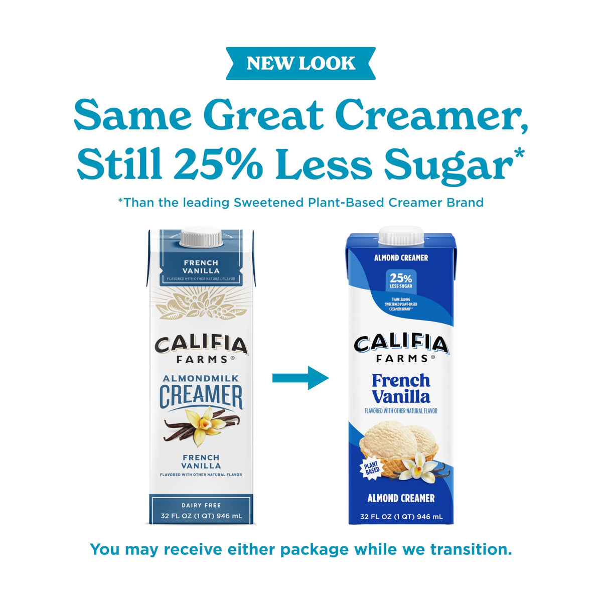 Califia Farms French Vanilla Almond Milk Coffee Creamer pours into coffee for a creamy cup.