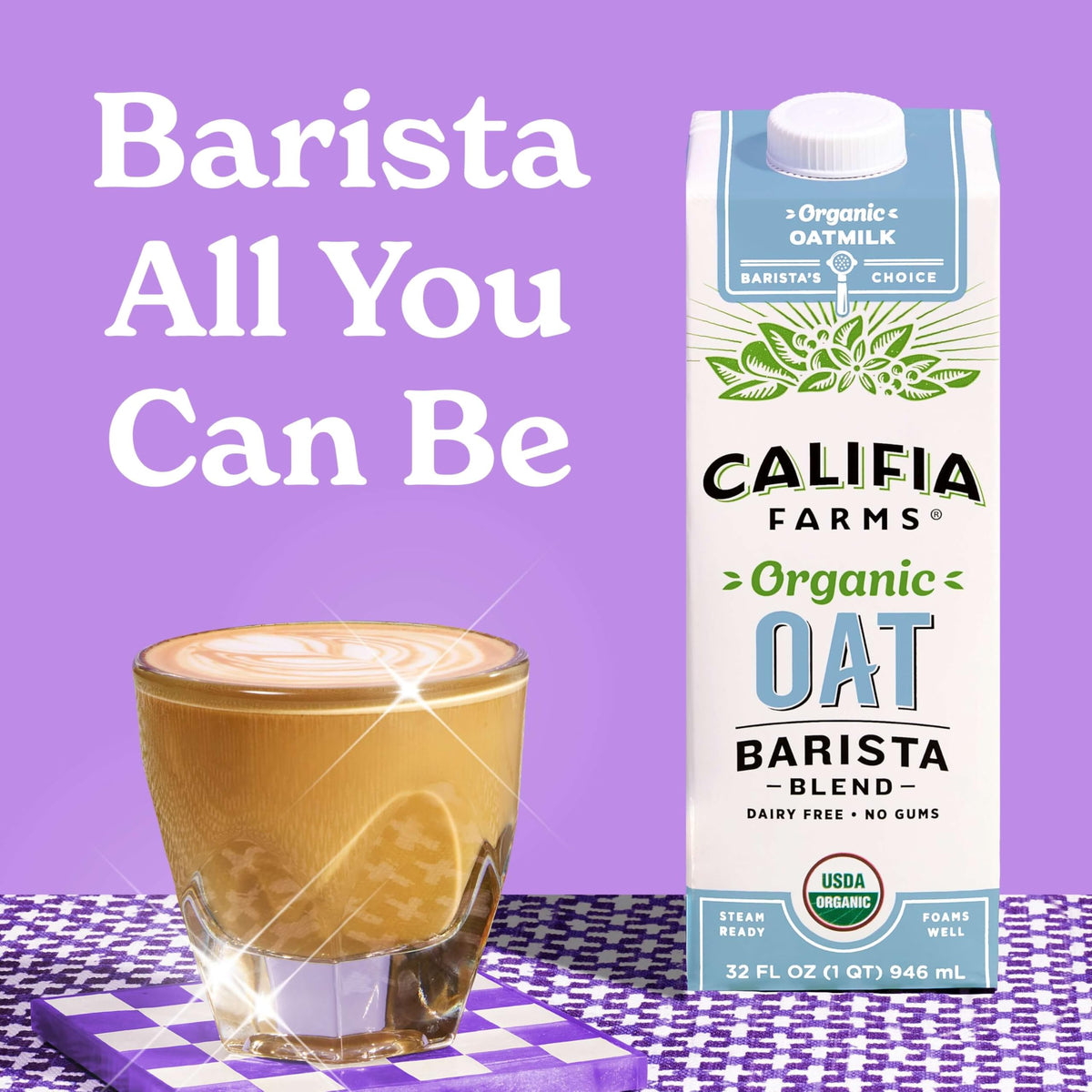 Califia Farms Oat Barista Blend foam test shows creamy latte foam.