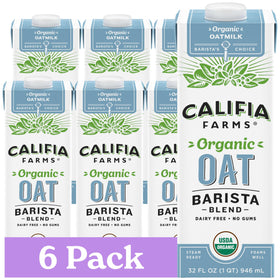 Califia Farms Oat Barista Blend six-pack bottles for pantry-friendly dairy-free milk.