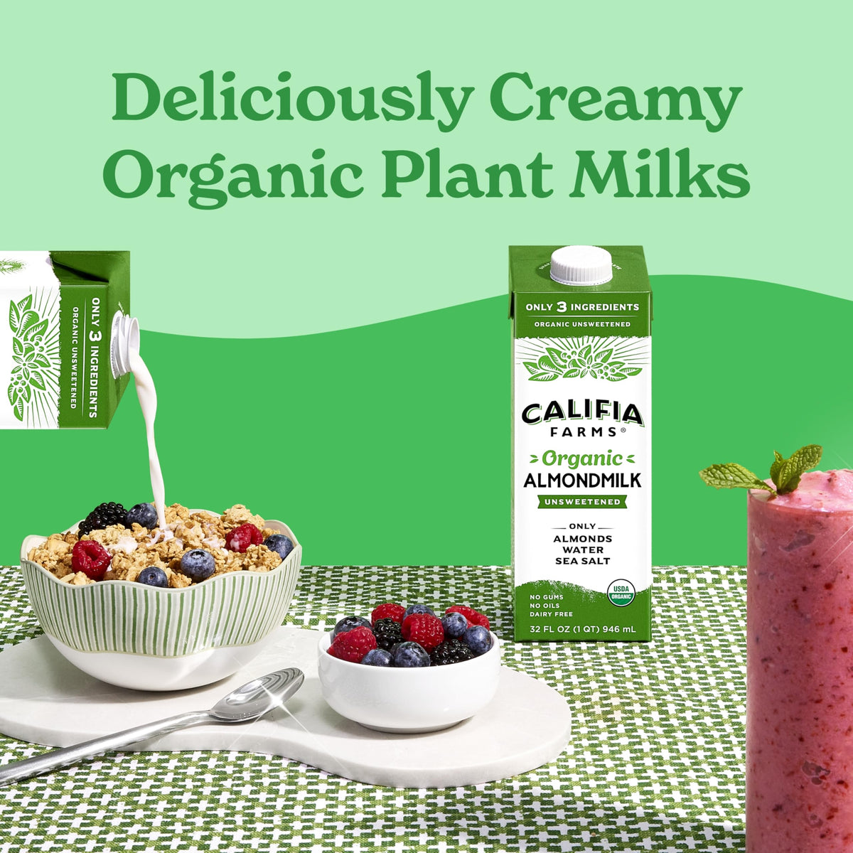 Califia Farms Organic Almondmilk – a clean, homemade-taste option for cereals and coffee.