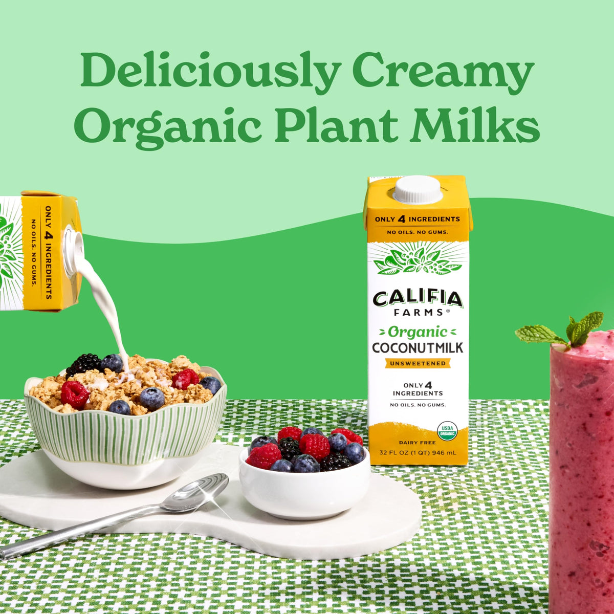 Califia Farms Organic Coconut Milk with spoon and oats for cooking.