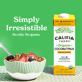 Califia Farms Organic Coconut Milk being poured into a glass for smoothies.
