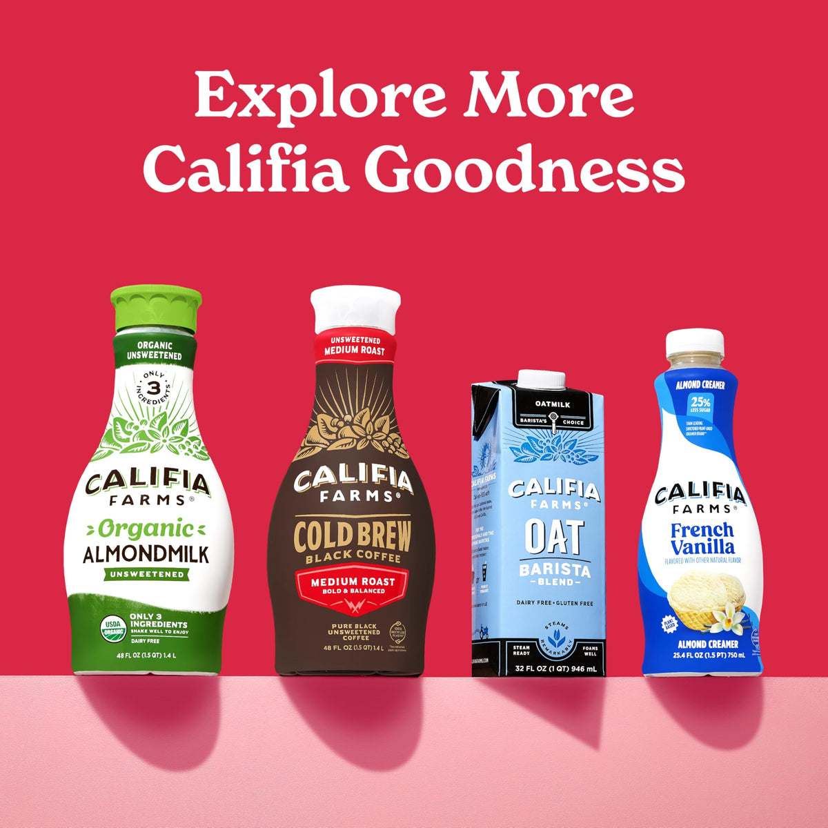 Califia Farms bottle on a kitchen shelf highlighting vegan, gluten-free options.