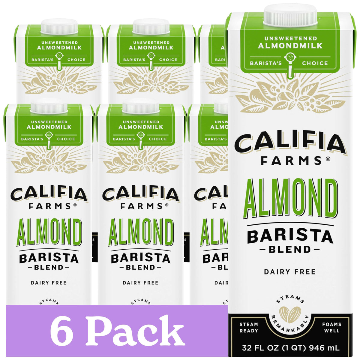 Califia Farms Unsweetened Almond Barista Blend foaming milk for creamy lattes.
