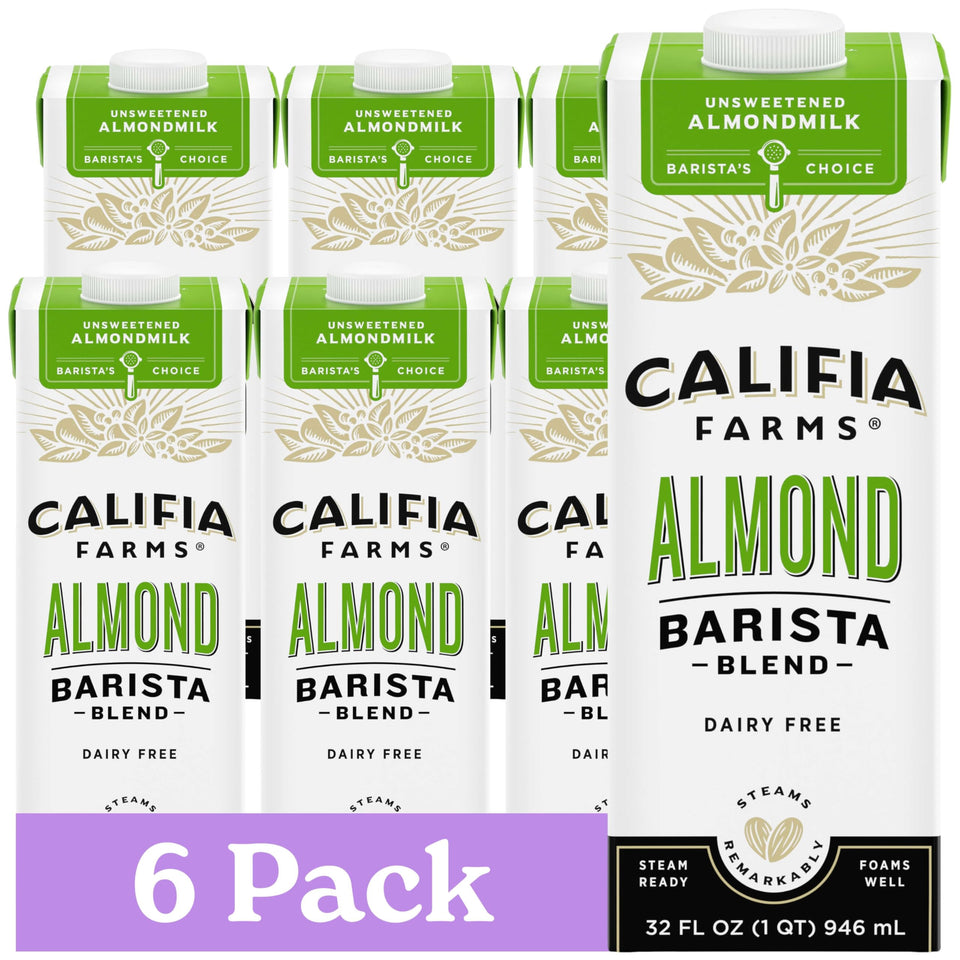 Califia Farms Unsweetened Almond Barista Blend foaming milk for creamy lattes.