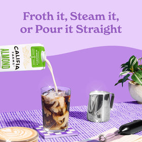 Califia Farms Unsweetened Almond Barista Blend iced coffee for dairy-free creaminess.