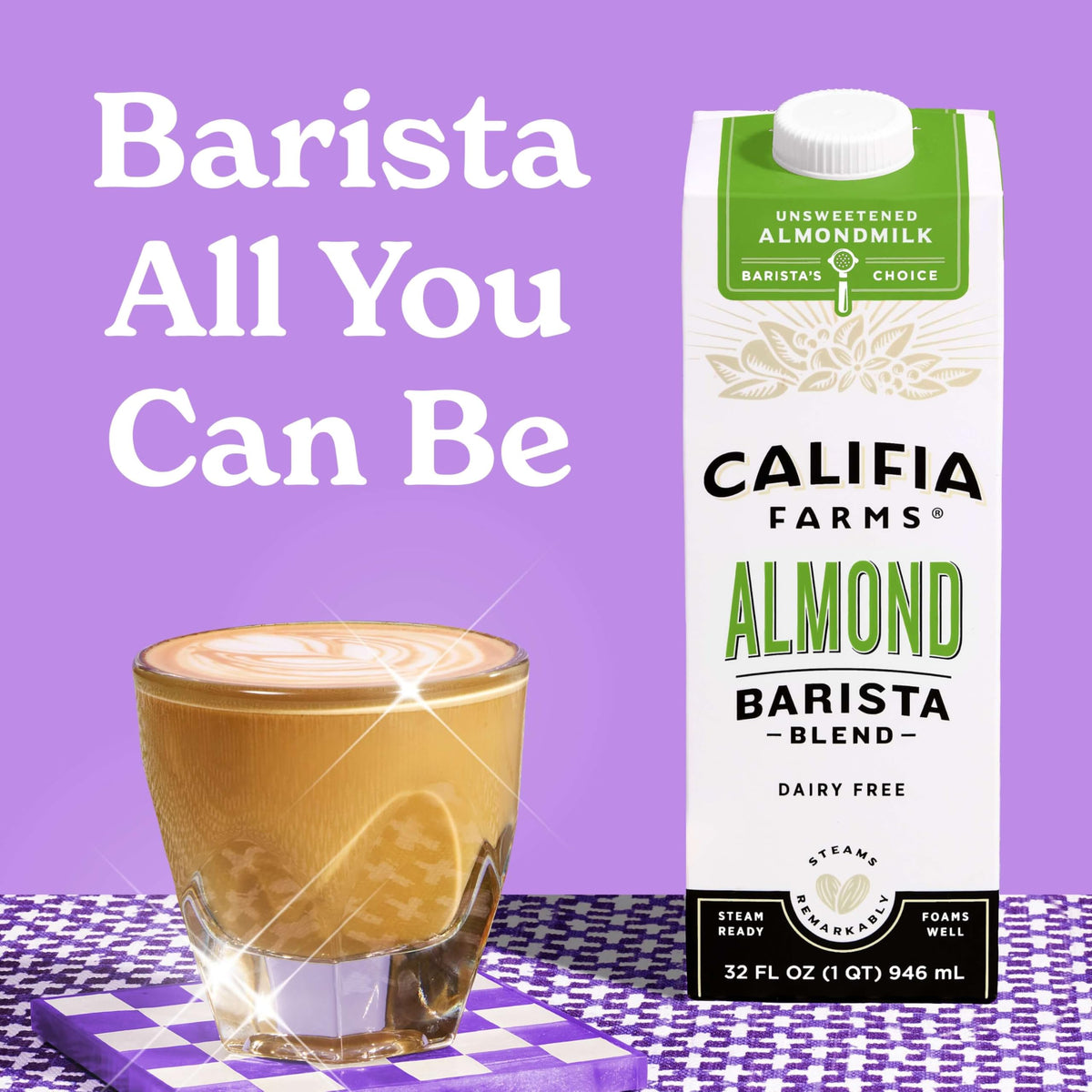 Califia Farms Unsweetened Almond Barista Blend steaming milk for latte art.