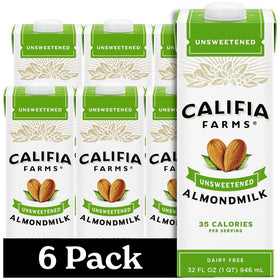 Califia Farms Unsweetened Almond Milk bottle front in pantry-ready packaging for dairy-free mornings.