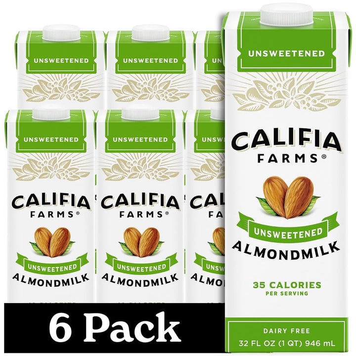 Califia Farms Unsweetened Almond Milk bottle front in pantry-ready packaging for dairy-free mornings.