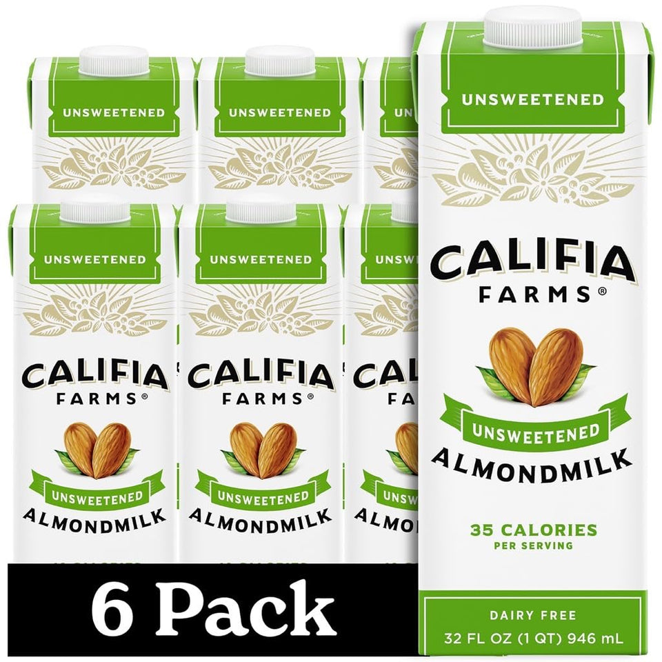 Califia Farms Unsweetened Almond Milk bottle front in pantry-ready packaging for dairy-free mornings.