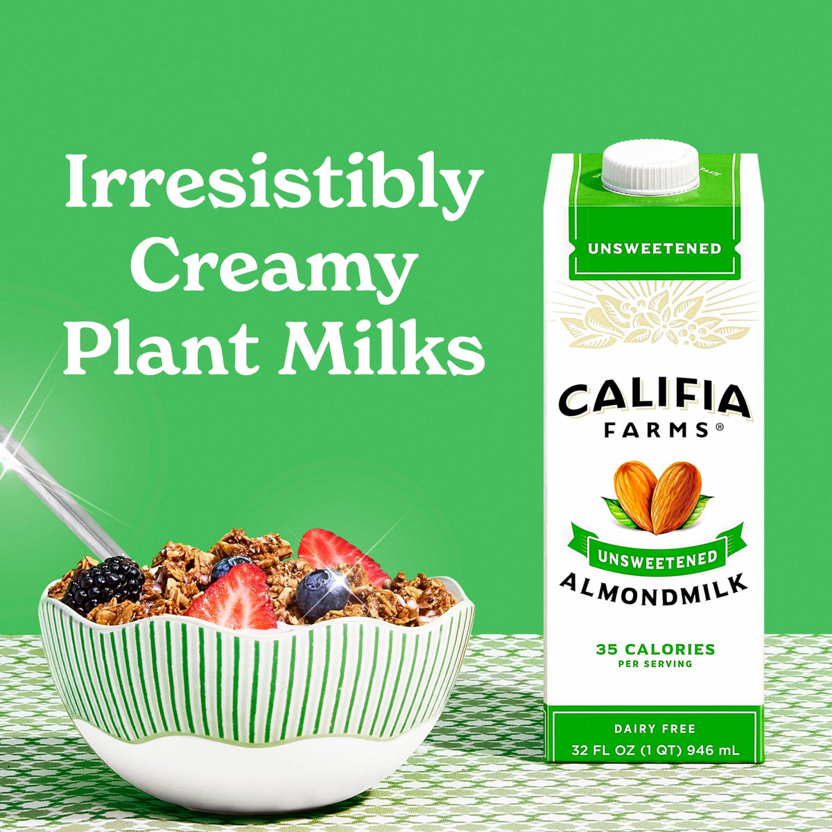 Califia Farms Unsweetened Almond Milk being poured into a glass, zero-sugar option.