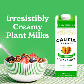 Califia Farms Unsweetened Almond Milk being poured into a glass, zero-sugar option.