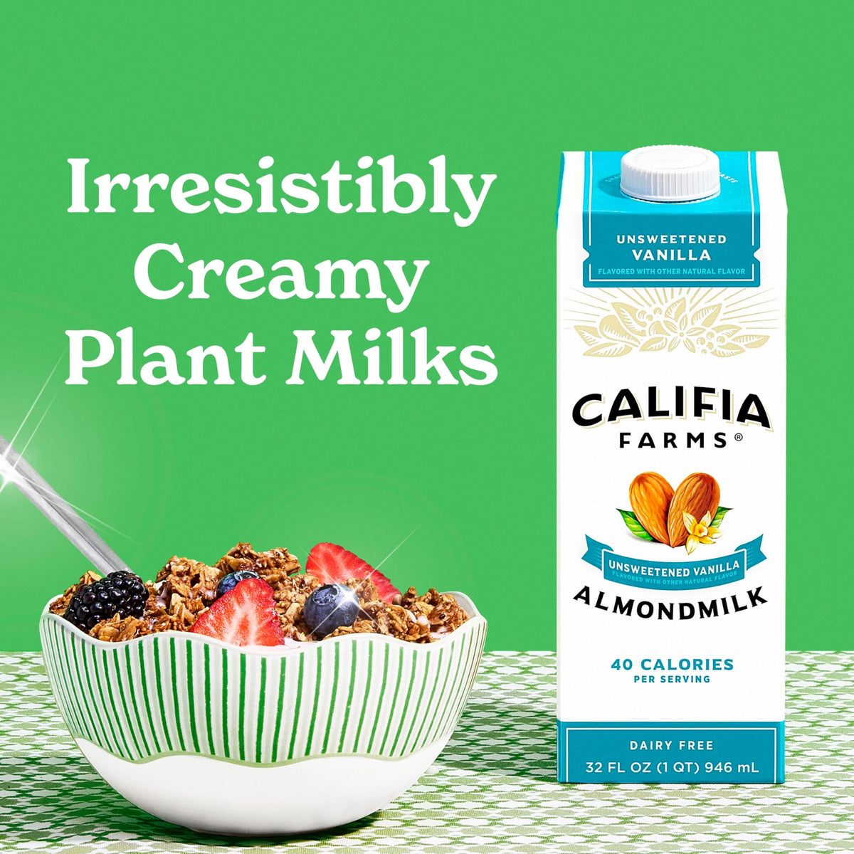 Califia Farms Unsweetened Vanilla Almond Milk on cereal for a sugar-free breakfast