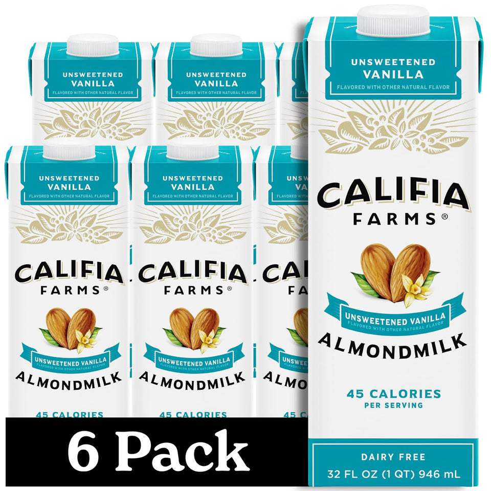 Califia Farms Unsweetened Vanilla Almond Milk pour into glass for coffee, dairy-free creaminess