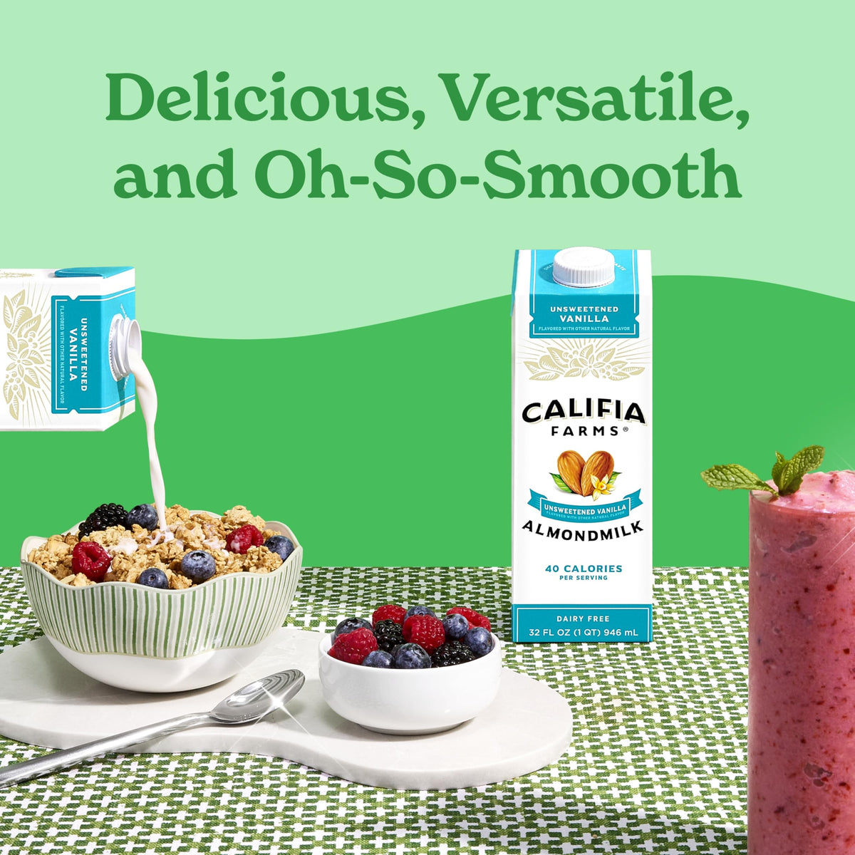 Califia Farms Unsweetened Vanilla Almond Milk stock up packaging, shelf-stable