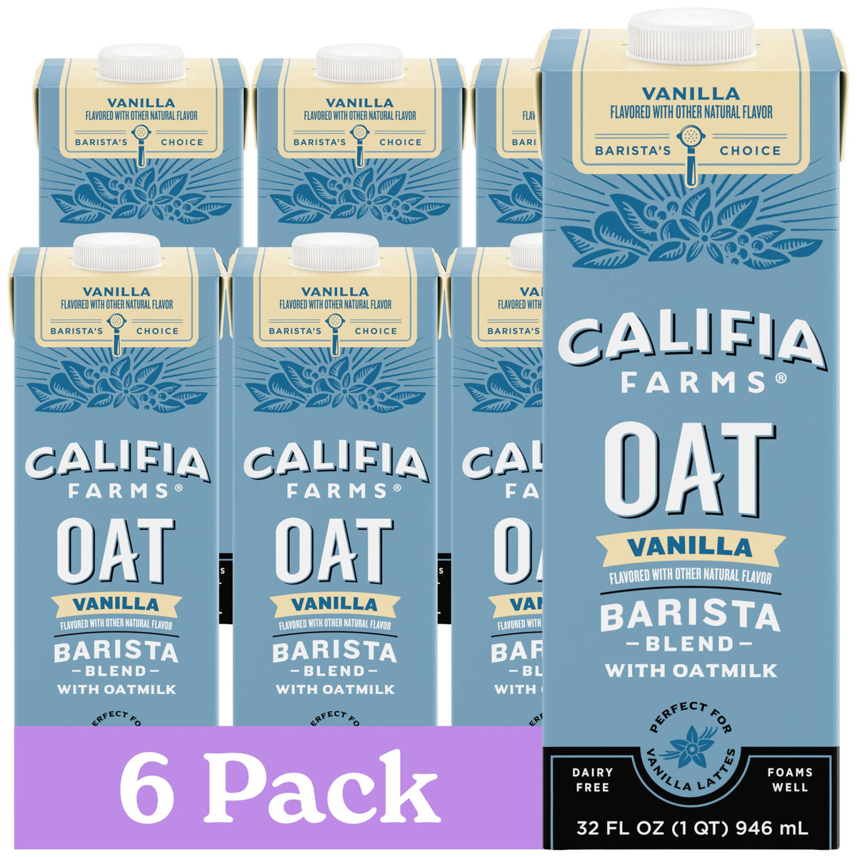 Califia Farms Vanilla Oat Barista Blend bottle for café-style vanilla lattes.