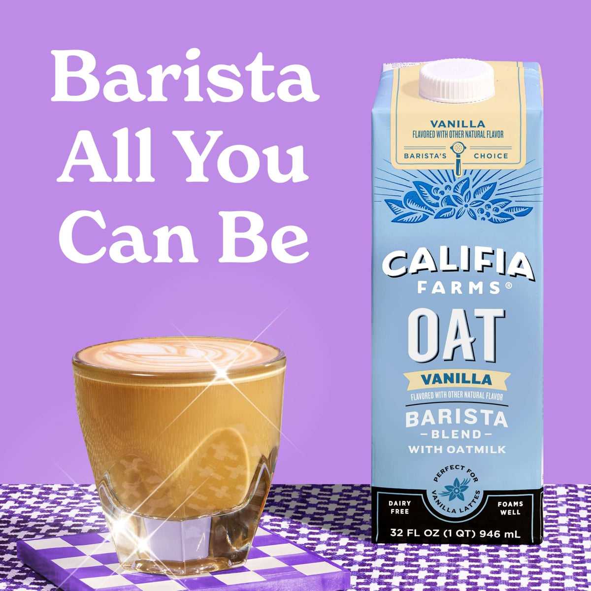 Steam frothing cup with Califia Farms vanilla oat barista blend for foamy latte.