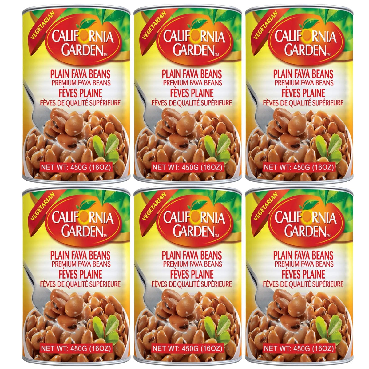 California Garden premium fava beans in 6-pack 450g, ready-to-use pantry staple.