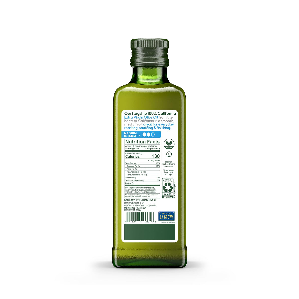 California Olive Ranch EVOO bottle angled view shows premium origin.