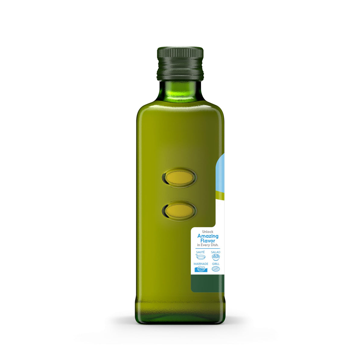 California Olive Ranch EVOO glass with olive fronds for premium pantry display.