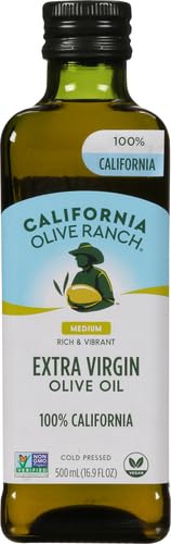 California Olive Ranch EVOO pour shot demonstrates smooth streaming for sautéing.
