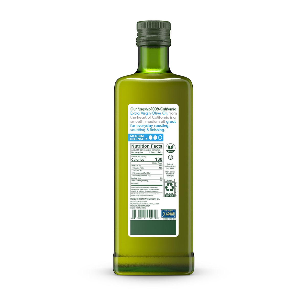 California Olive Ranch EVOO bottle pour suggests smooth flavor infusion for sautéing.