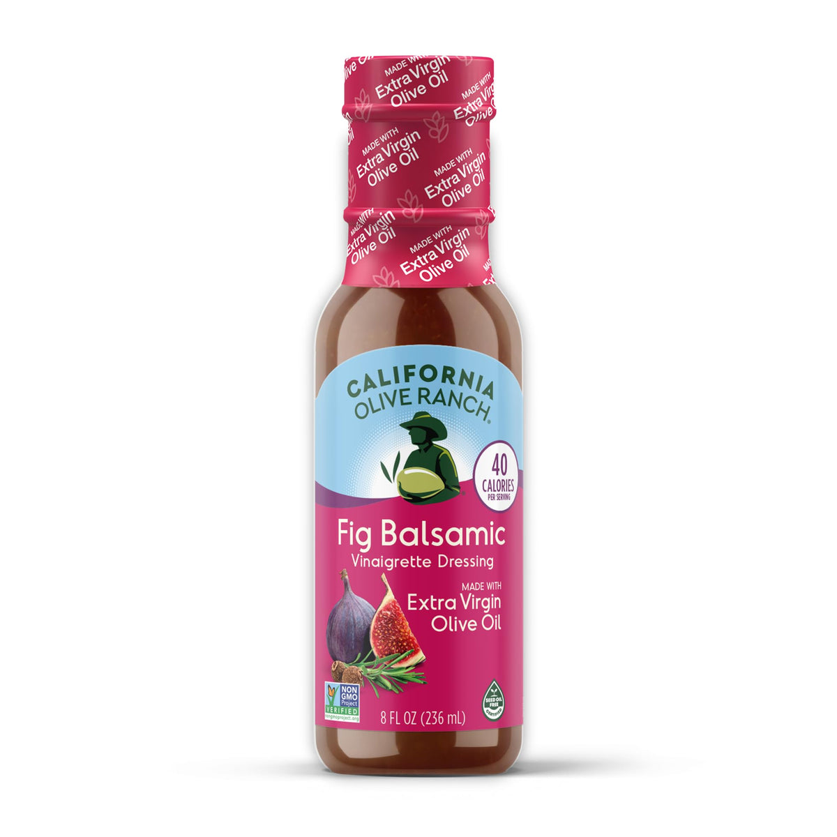The California Olive Ranch Fig Balsamic Dressing bottle is ideal for salads and fruit pairings.