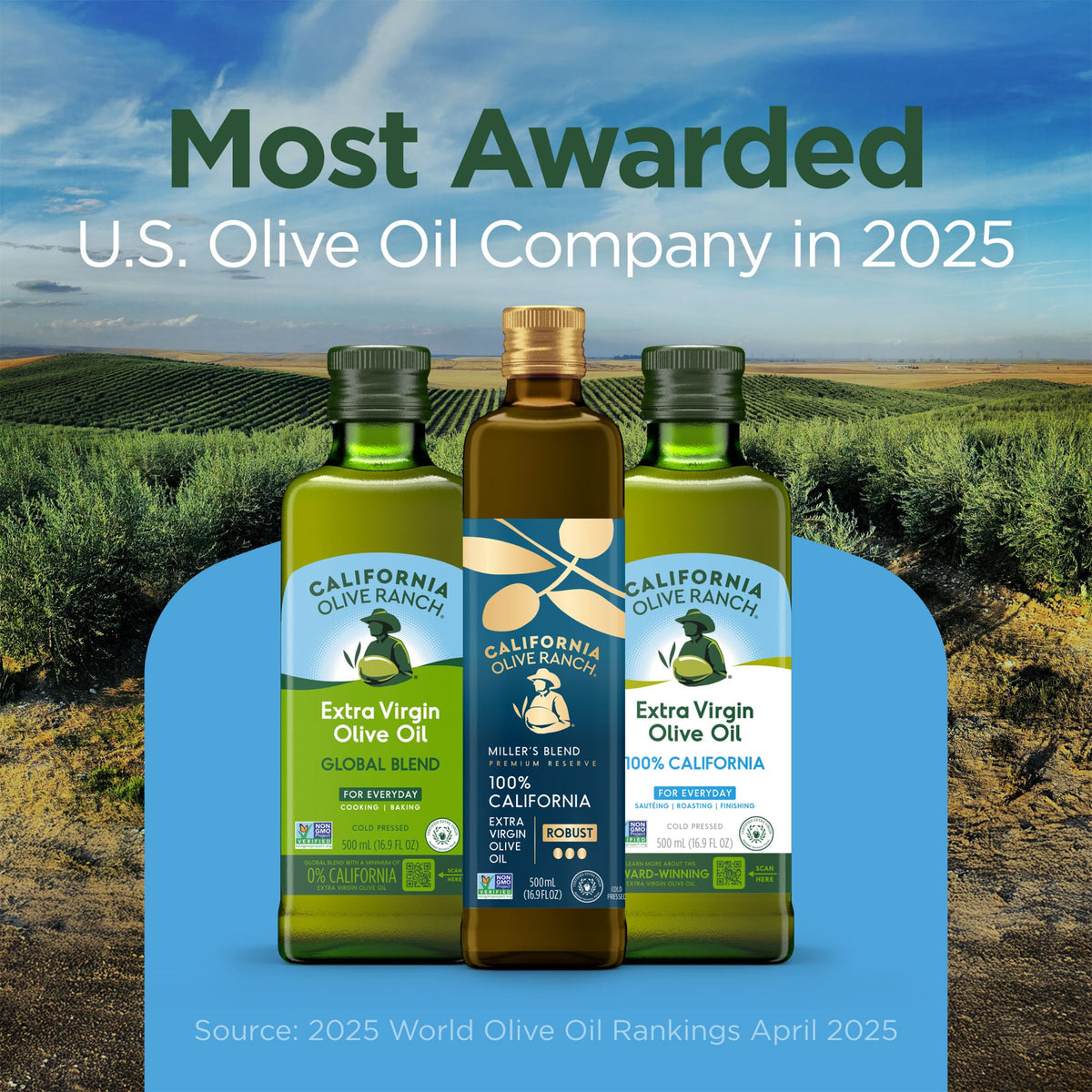 California Olive Ranch bottle with non-GMO and kosher certifications.