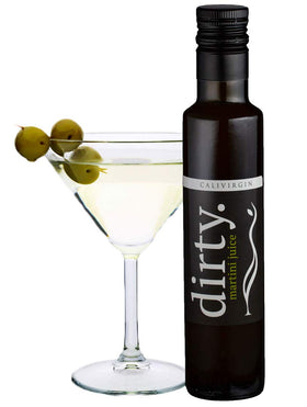 Calivirgin Dirty Martini Mix bottle showcases organic olive brine for gourmet cocktails.