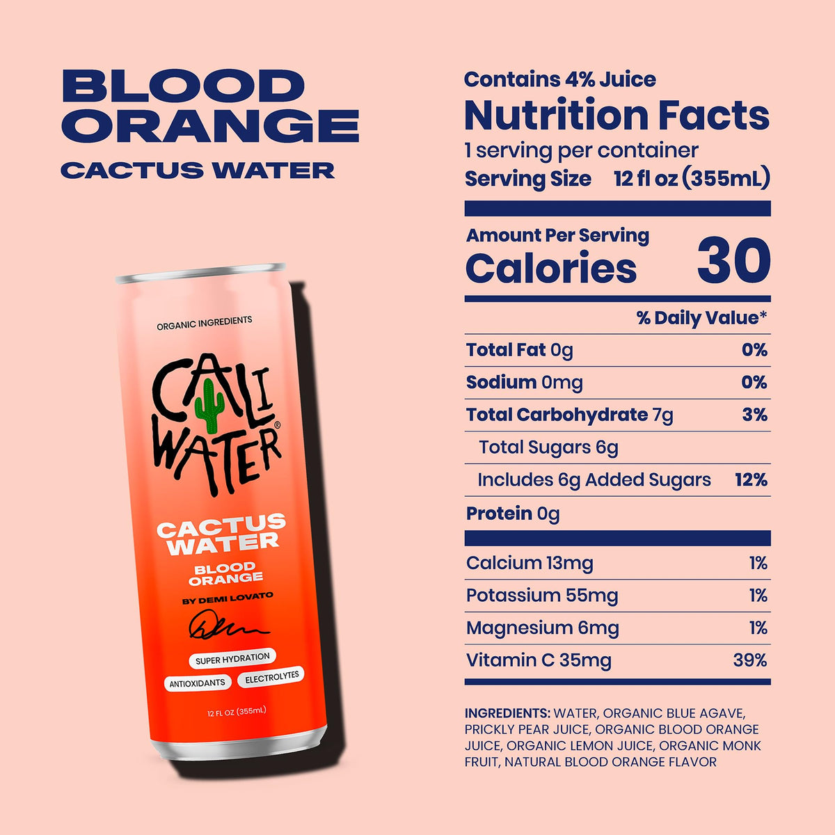 CALIWATER blood orange glass pour captures refreshing aroma and quick hydration on the go.