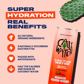 CALIWATER blood orange label close-up showcases premium, non-GMO ingredients.
