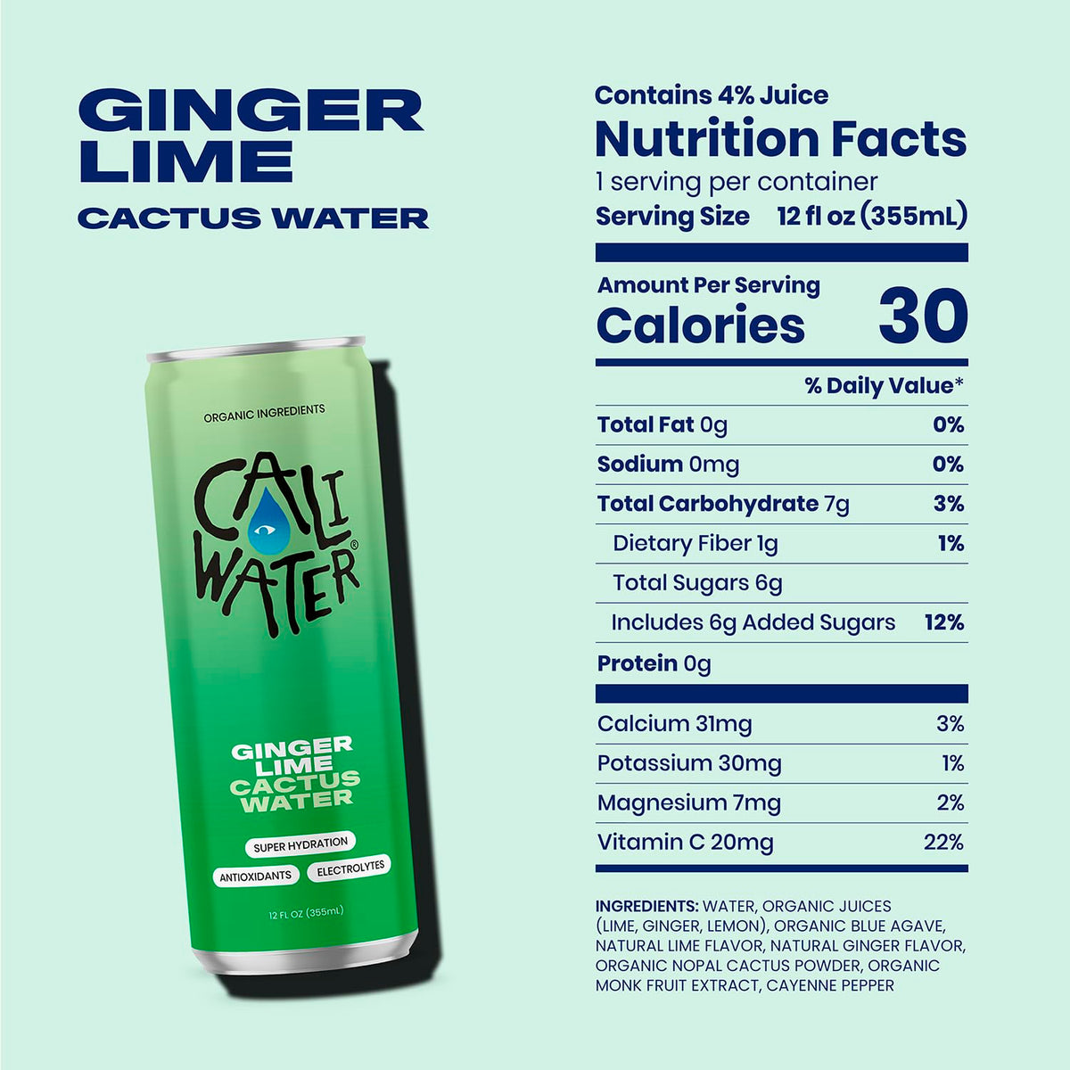 CALIWATER organic ingredients close-up emphasizing natural hydration from plants
