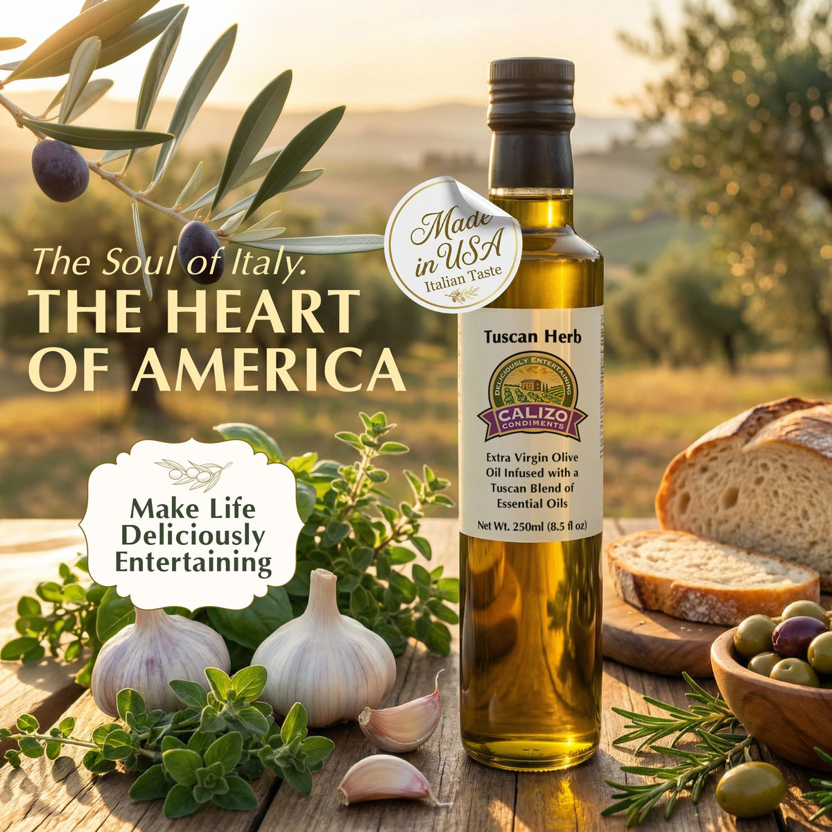 Calizo Tuscan Herb Infused Olive Oil bottle pour, ideal for finishing pasta and salads
