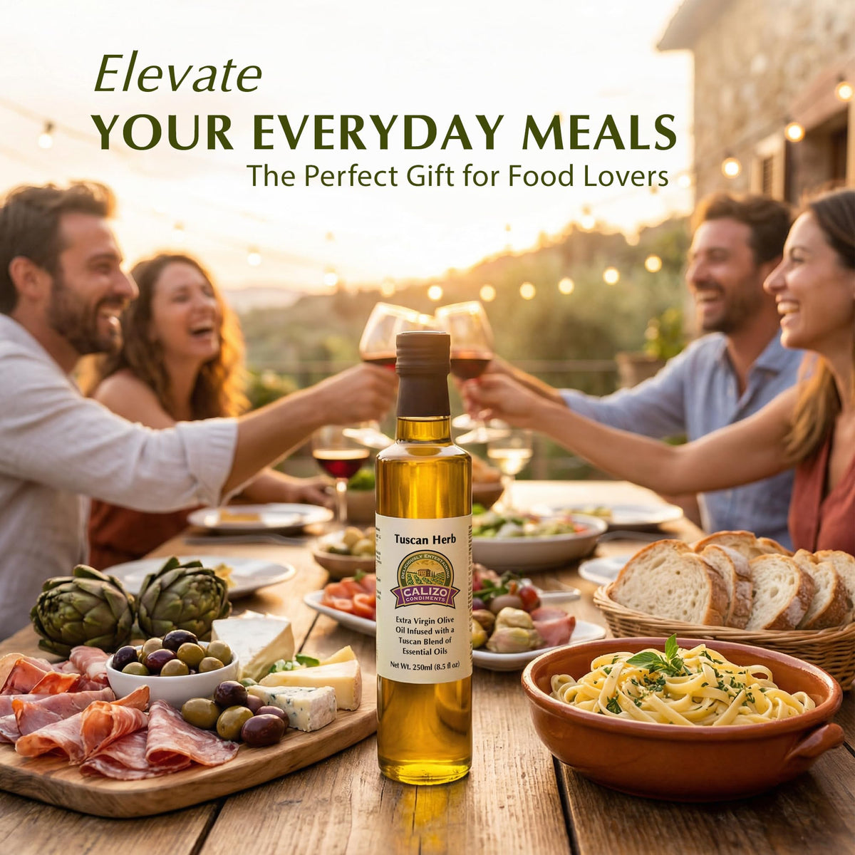 Calizo Tuscan Herb Infused Olive Oil dipping with bread, enhances Italian dishes