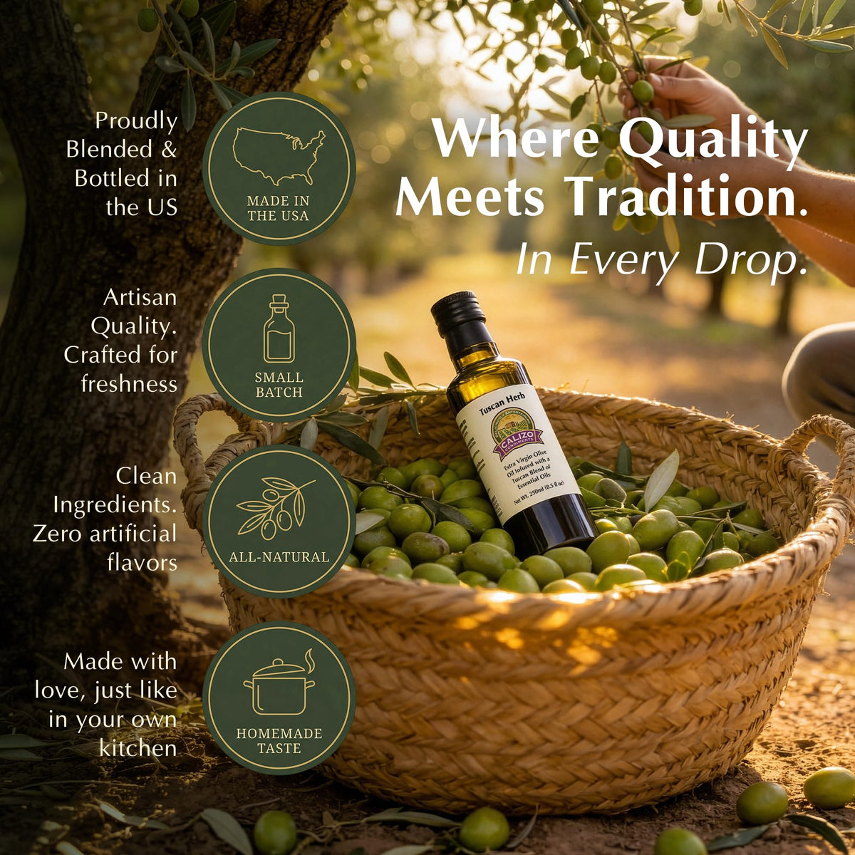 Calizo Tuscan Herb Infused Olive Oil gift packaging, perfect for foodie gifts and occasions