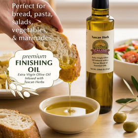 Calizo Tuscan Herb Infused Olive Oil glass bottle on counter, gift-ready kitchen staple