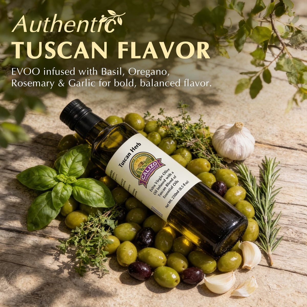 Calizo Tuscan Herb Infused Olive Oil label closeup highlighting whole herbs